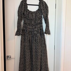 Doen Black Floral Smocked Midi Dress